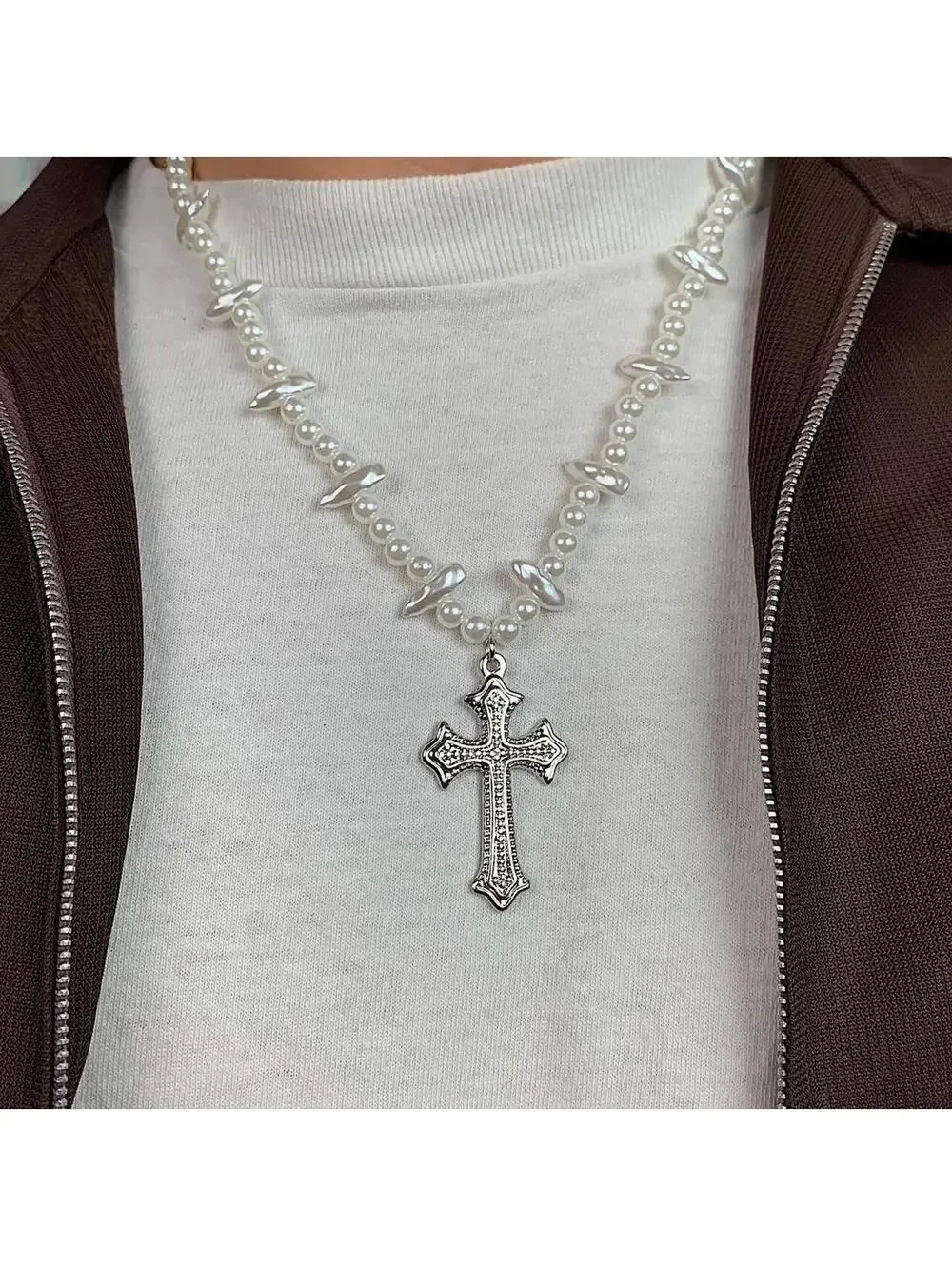 Cyber Grunge y2k Style Pearl Necklace with Gothic Silver Cross. 18-21 inches